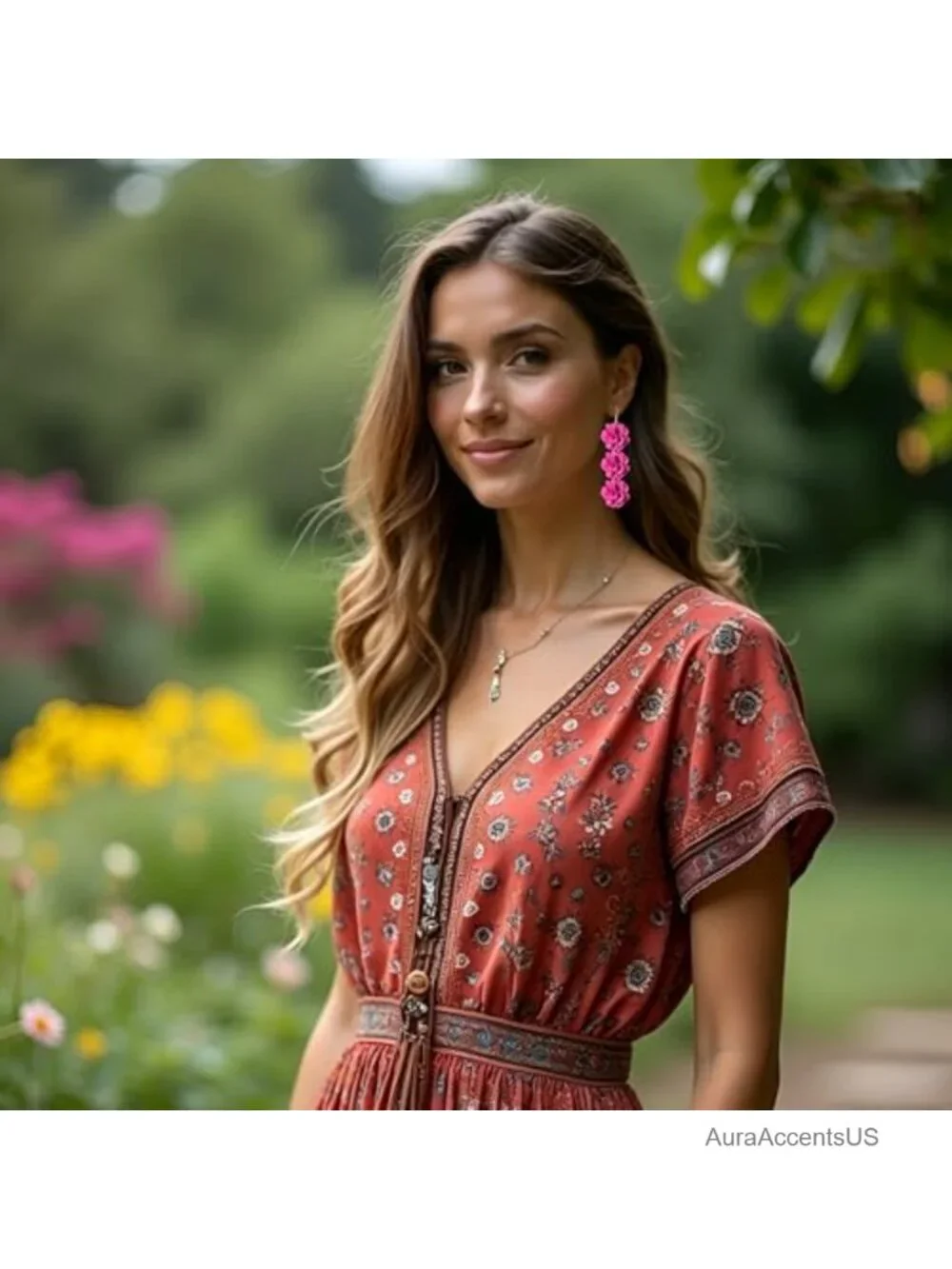 Fabric Flower Dangle Earrings Gold Fish Hook Lightweight Boho Statement